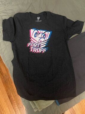 Mens size small fort Troff Black Graphic Tee with Pink & Blue Logo